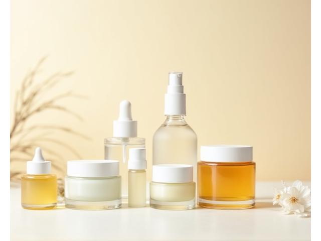 Opstelling van diverse flesjes en potjes voor private label cosmetica productie, minimalistisch en natuurlijk.
