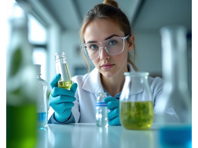 Wetenschapper die een proefbuis vasthoudt in een laboratoriumomgeving, gericht op onderzoek en ontwikkeling.