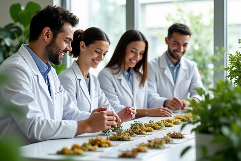 Een groep mensen die lachend en samenwerkend natuurlijke ingrediënten inspecteert.
